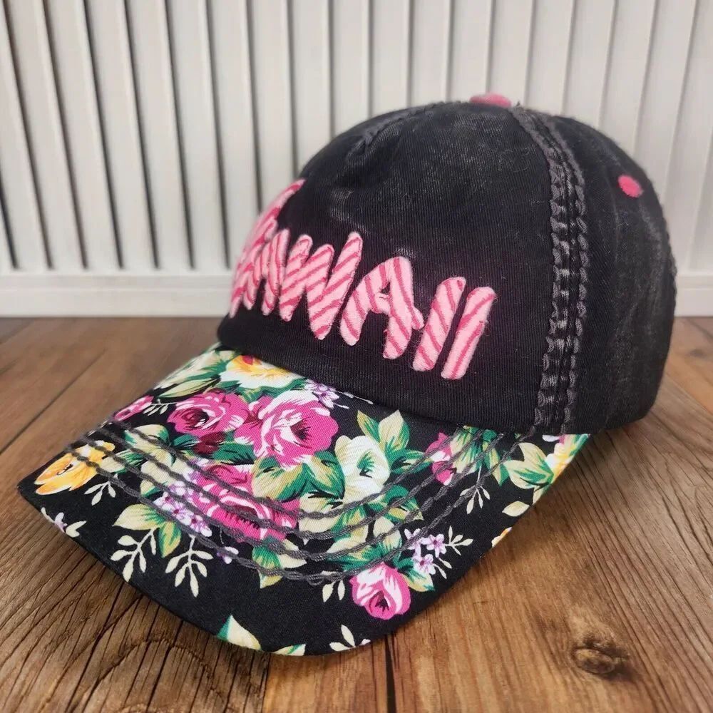 Robin Ruth Hawaii Strapback Hat Cap Black Pink Floral Distressed Canvas Tropical